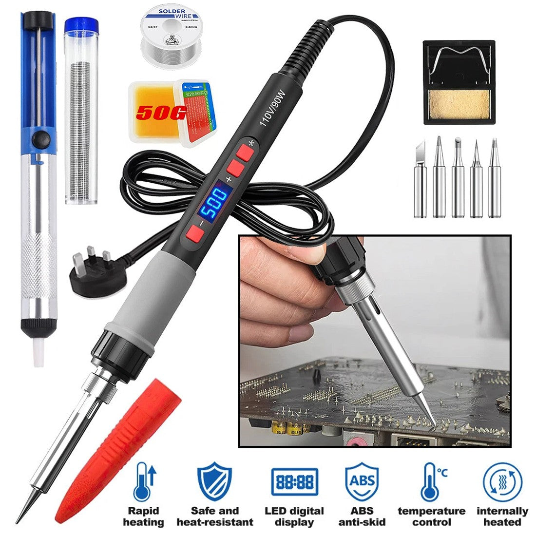 90W Soldering Iron Kit Electronics Welding Irons Solder Tools Adjustable Wire UK